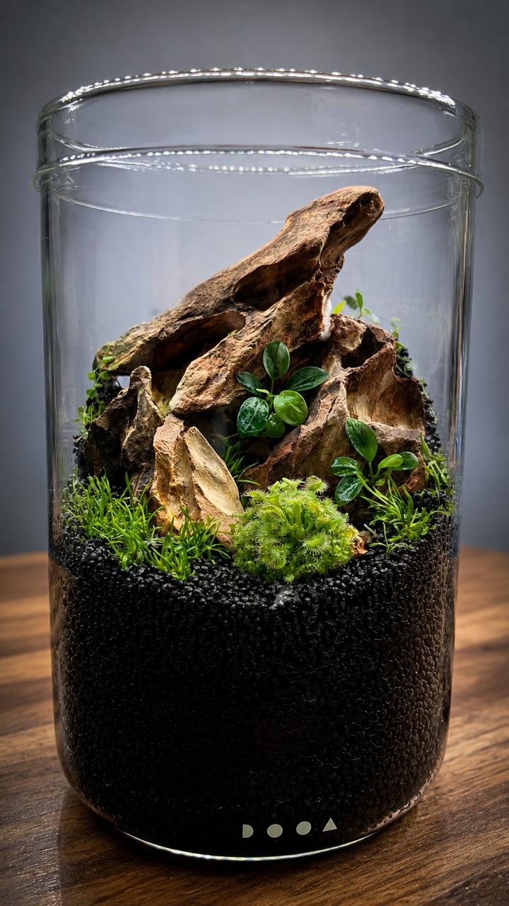 Angular golden stones and tiny green plants in a tall cylindrical glass vessel