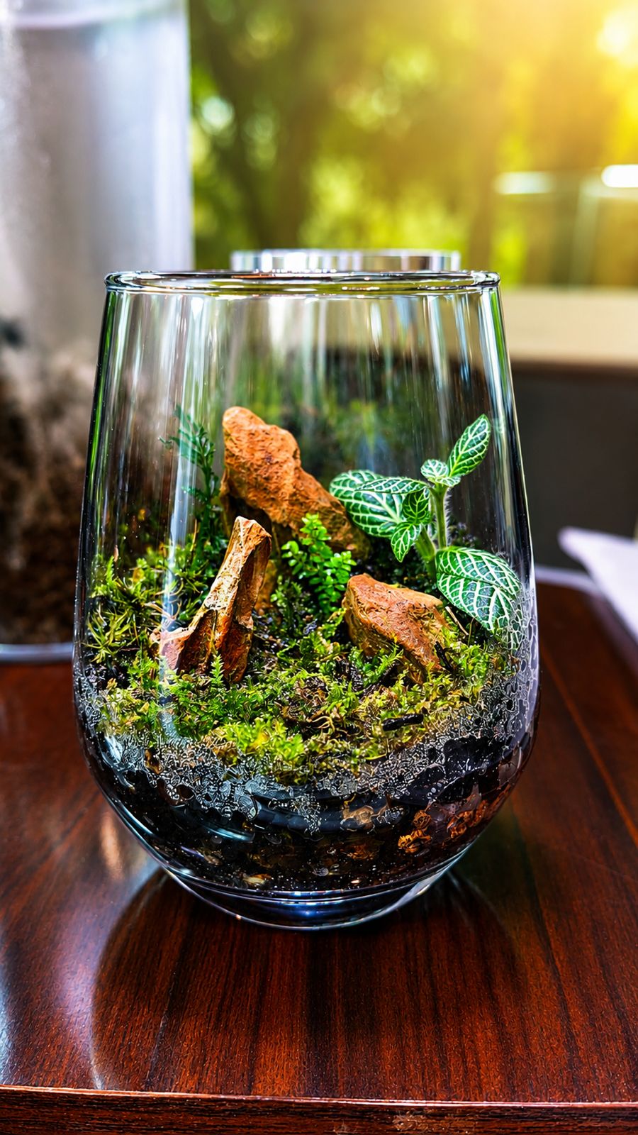 Moss, white-veined fittonia leaves, and warm stone inside a small glass terrarium in soft window light